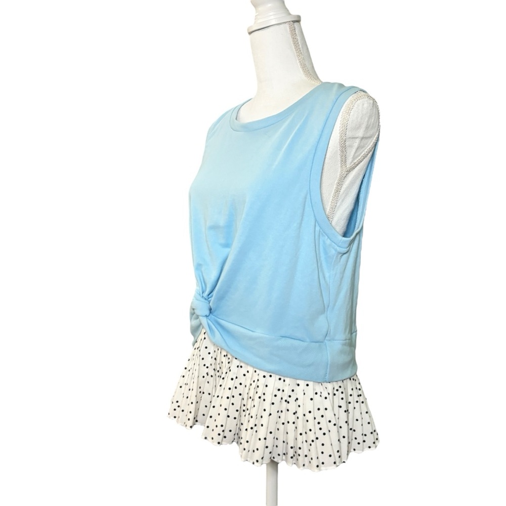 Anthropologie Lea and Viola Blue Sleeveless Top with Polka Dot Pleat Hem